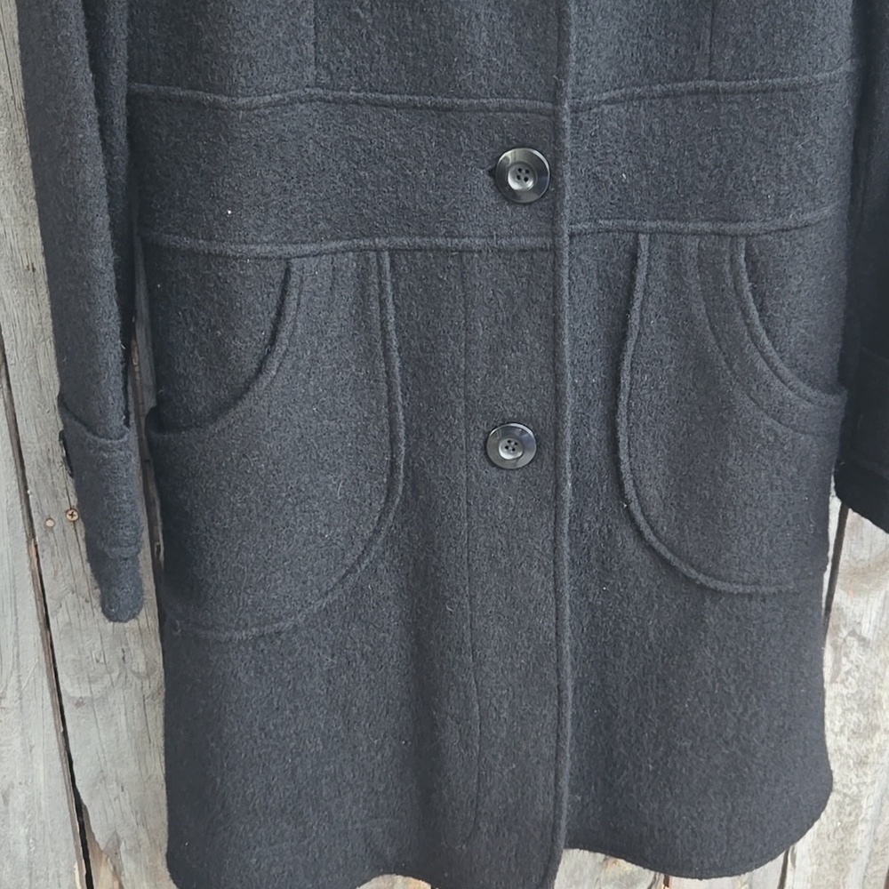 Mainbocher Black Trench Coat with Faux Fur Collar 100% Wool - Picture 4 of 8
